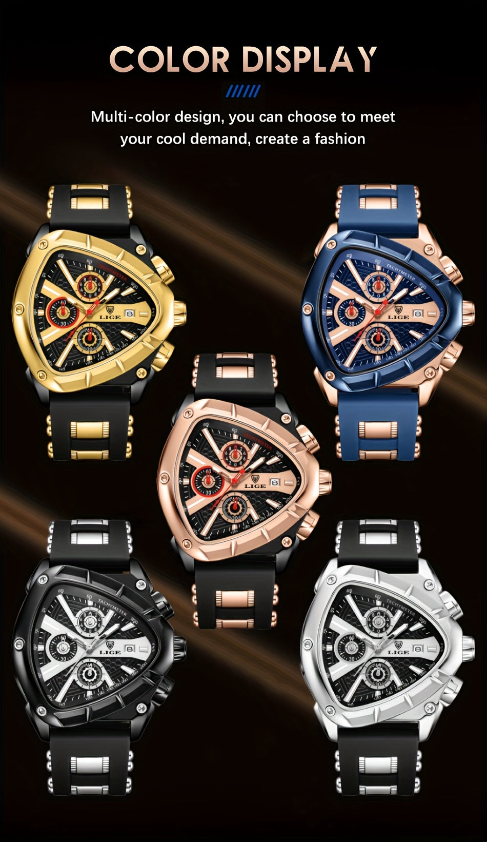 LIGE Orologio Sport Design Moderno Oro/Argento/Blu Calendario Silicone Quarzo - Eleganza digitale