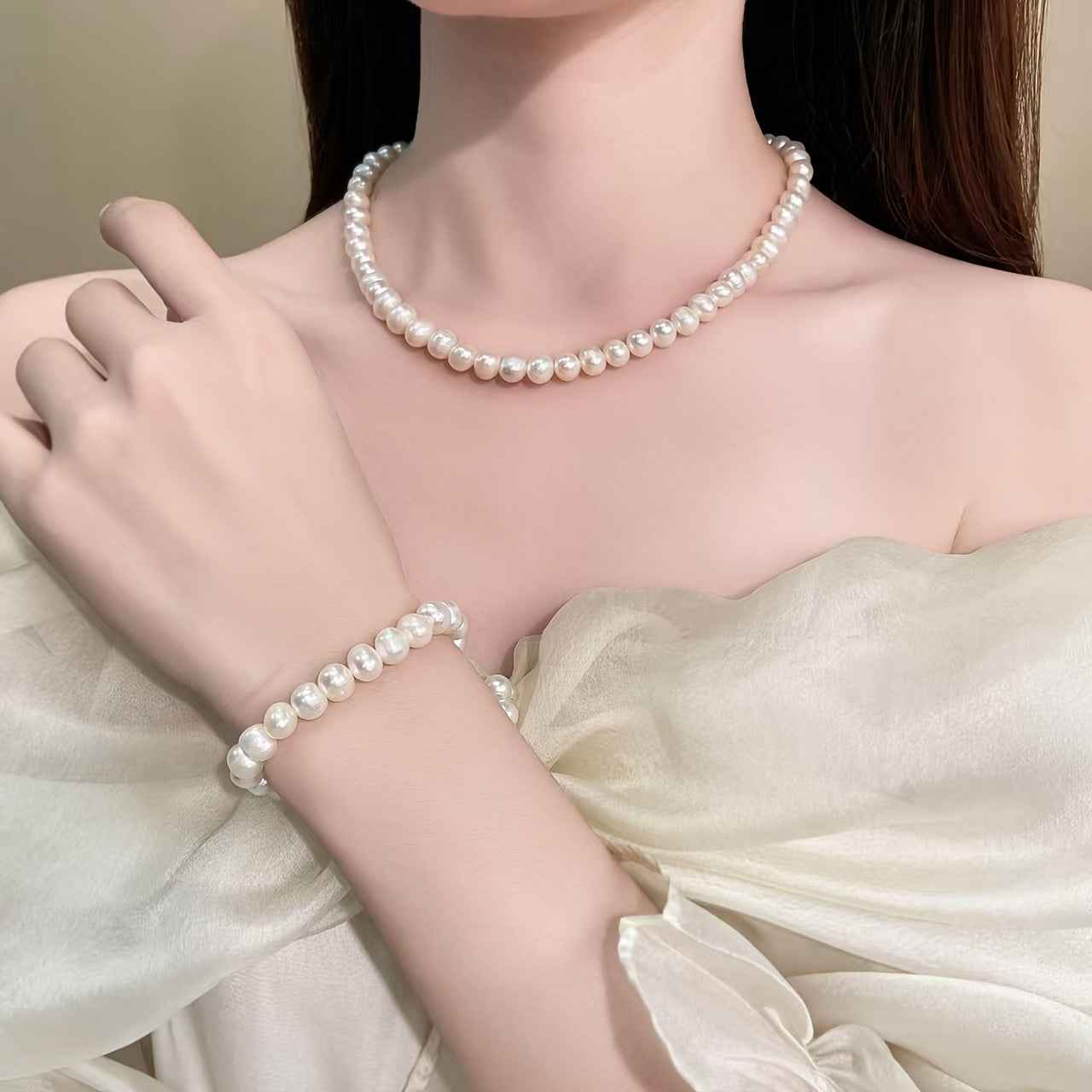 Set Gioielli Perle d'Acqua Dolce 8mm - Collana e Braccialetto 2 Pezzi - Eleganza digitale