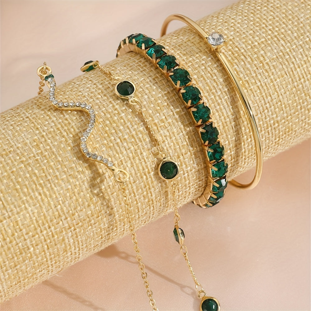 Bracciale a Forma di Serpente Elegante  con Catena Elastico Verde e Bangle Aperto, 4 Pezzi Inclusi