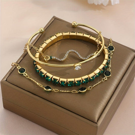 Bracciale a Forma di Serpente Elegante  con Catena Elastico Verde e Bangle Aperto, 4 Pezzi Inclusi