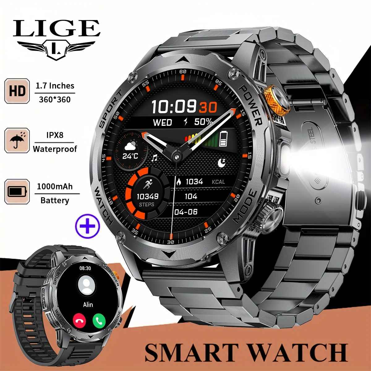 Smartwatch LIGE Uomo - Batteria 1000mAh, 110+ Sport, Chiamate, 3 Cinturini - Eleganza digitale