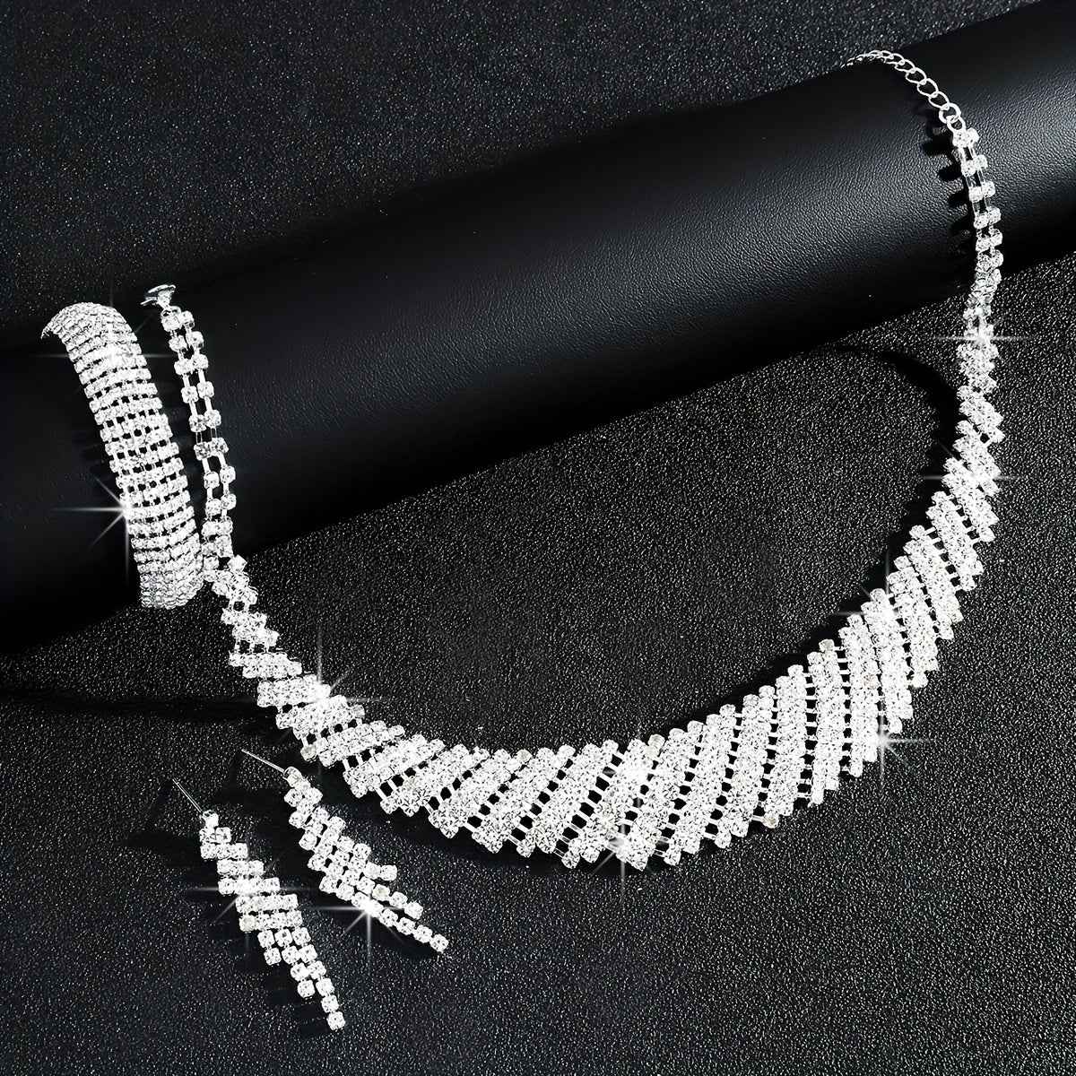 Middle Eastern Geometric Irregular Luxury Rhinestone Necklace Bracelet Earrings Three-piece Set Bridal Accessories