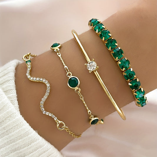 Bracciale a Forma di Serpente Elegante  con Catena Elastico Verde e Bangle Aperto, 4 Pezzi Inclusi